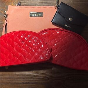 Bebe Wristlet, Aldo Wallet chain & 2 Ipsy Patent Red Leather Cosmetic Bags!